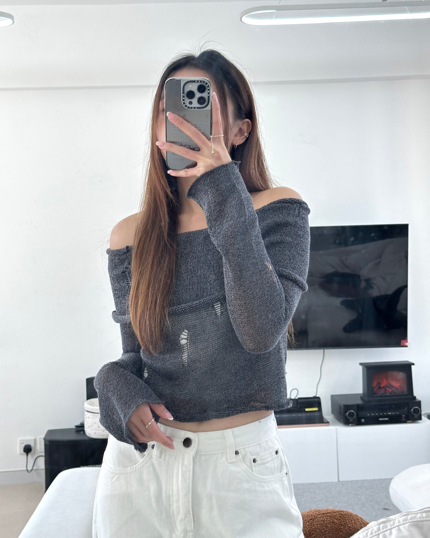 Off shoulder mesh top