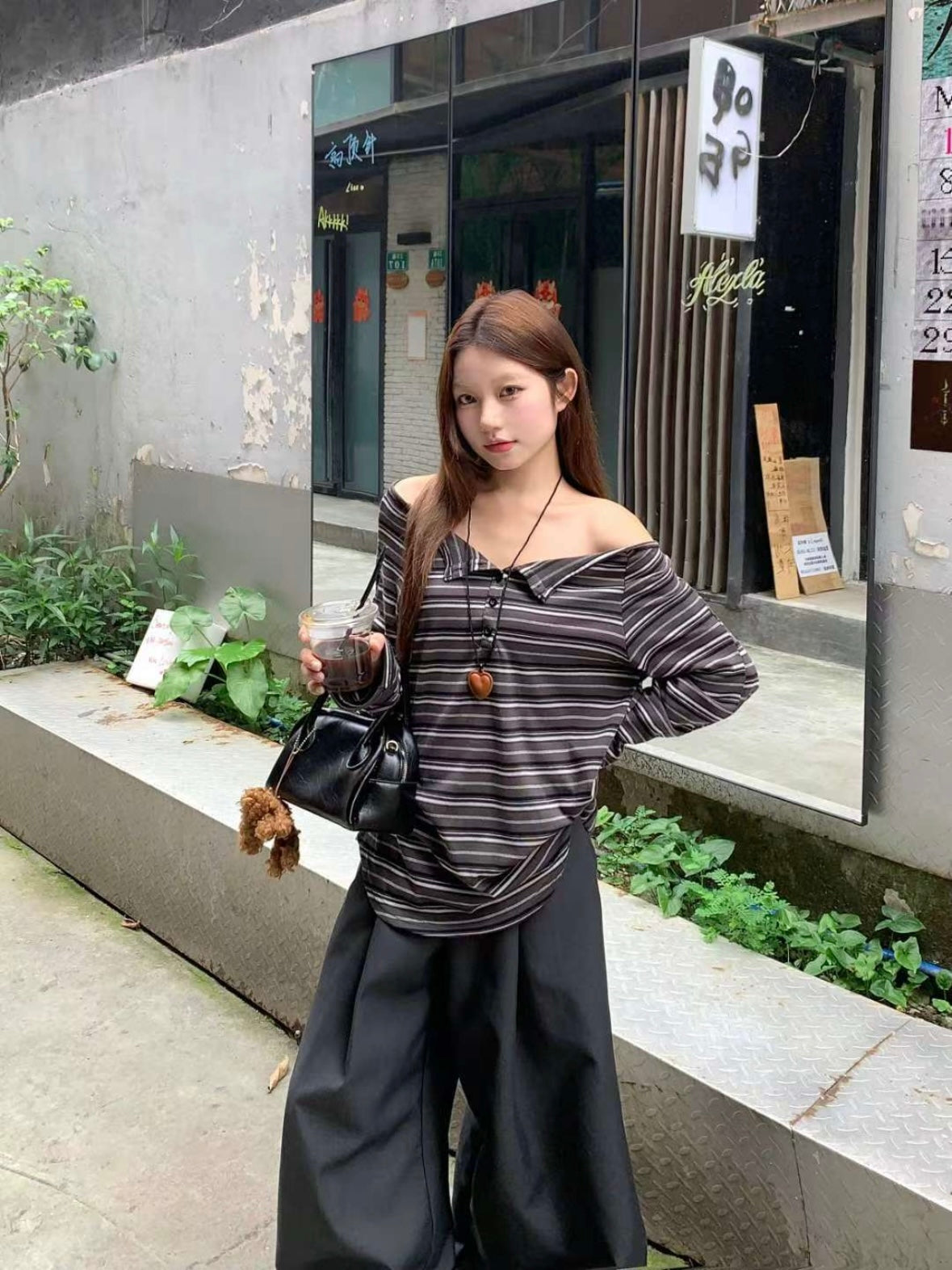 Stripes Off Shoulder Belt Tee