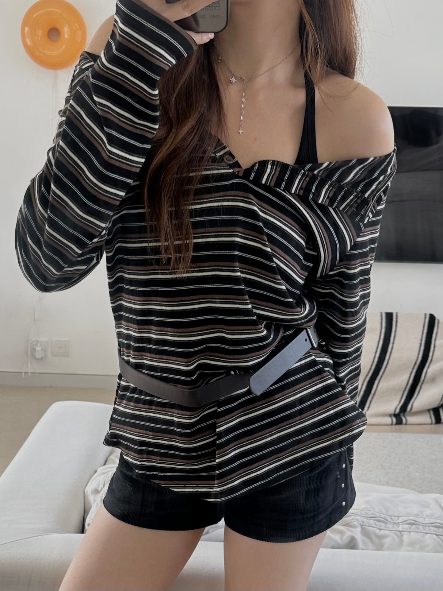 Stripes Off Shoulder Belt Tee