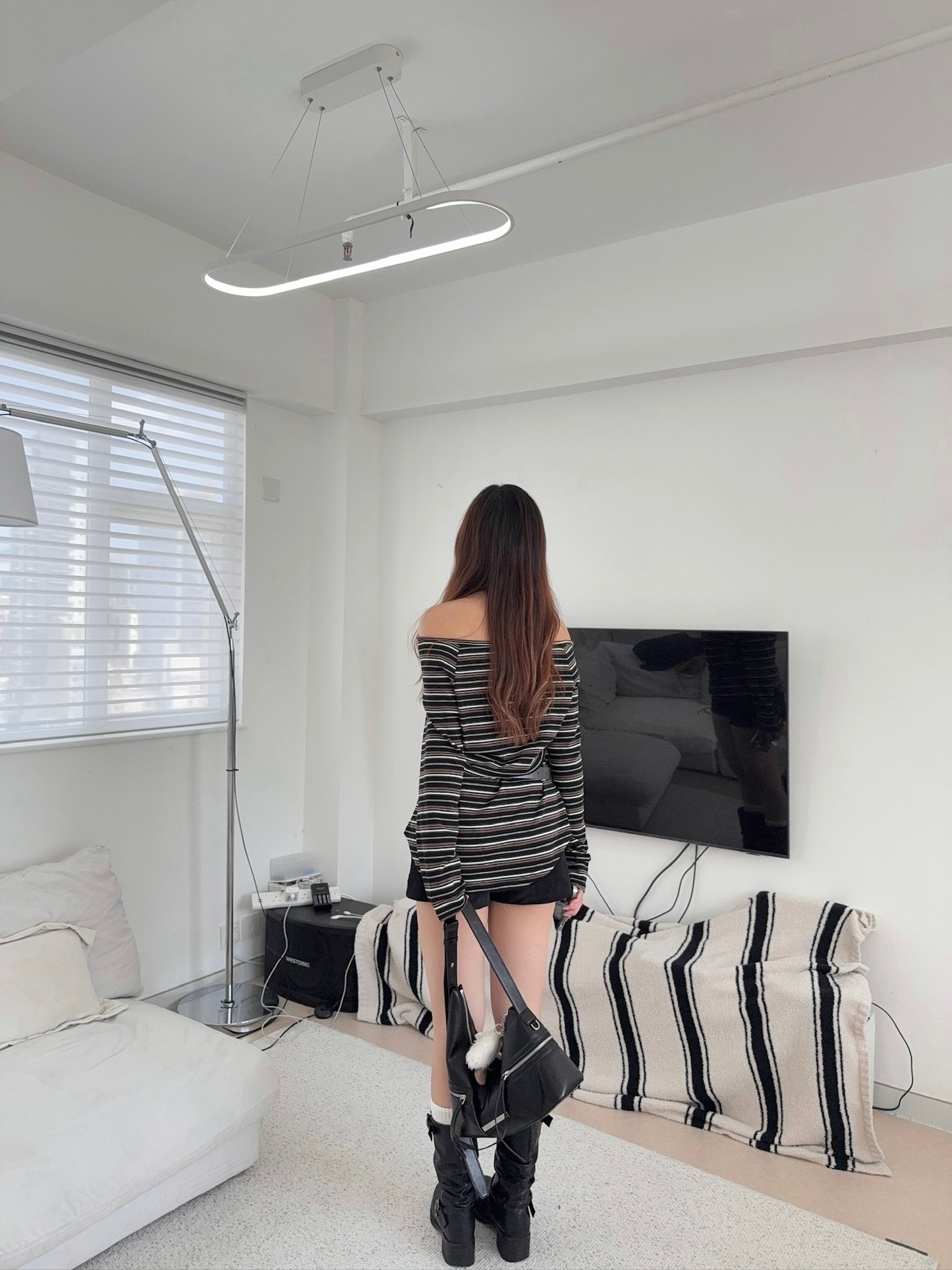 Stripes Off Shoulder Belt Tee