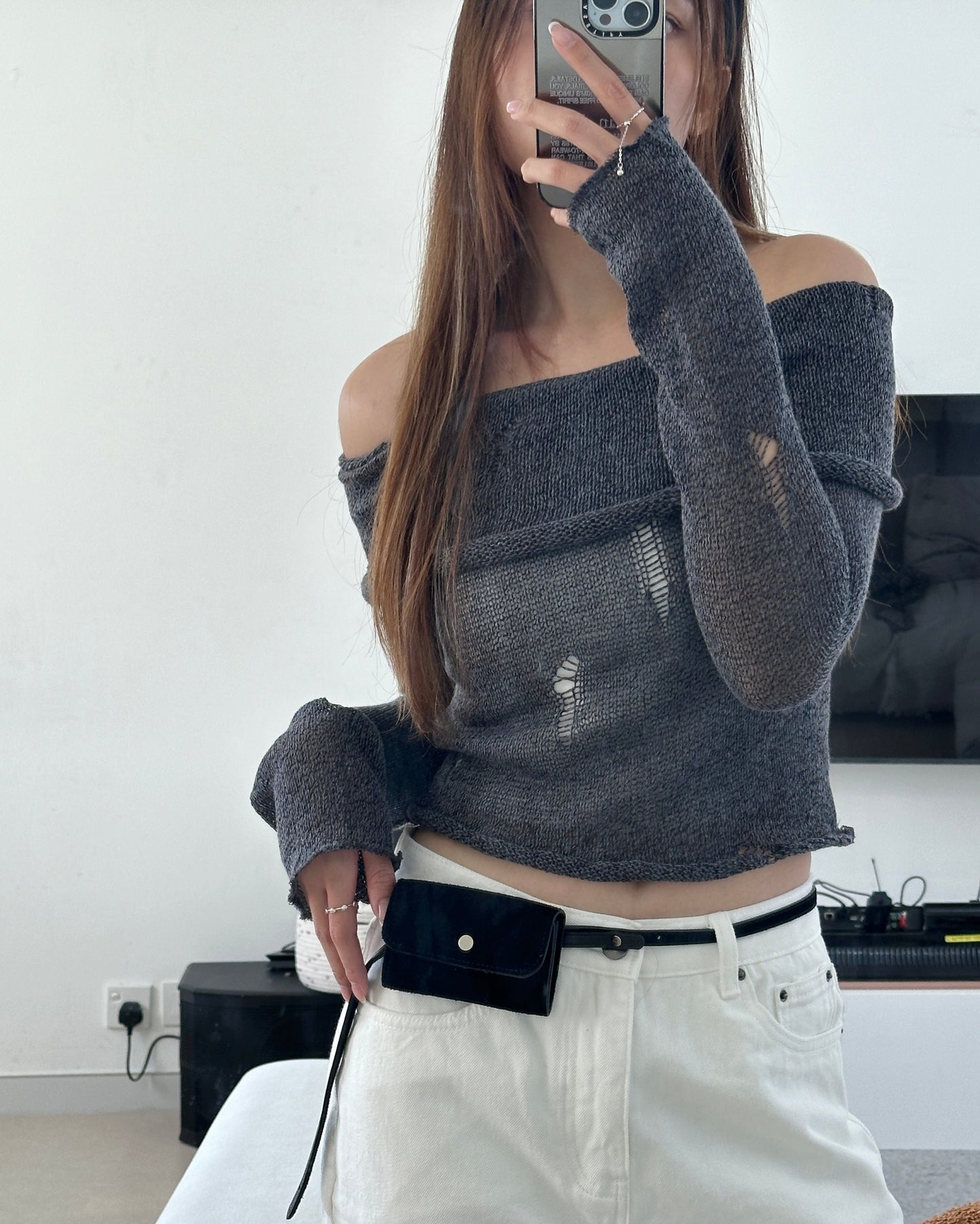 Off shoulder mesh top