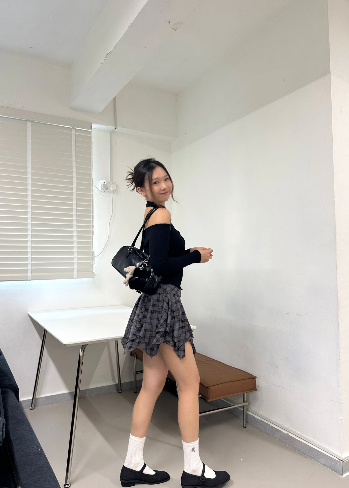 超顯瘦!不規則格仔短裙