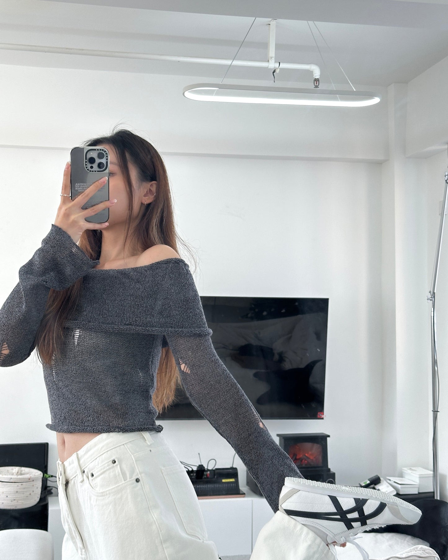 Off shoulder mesh top